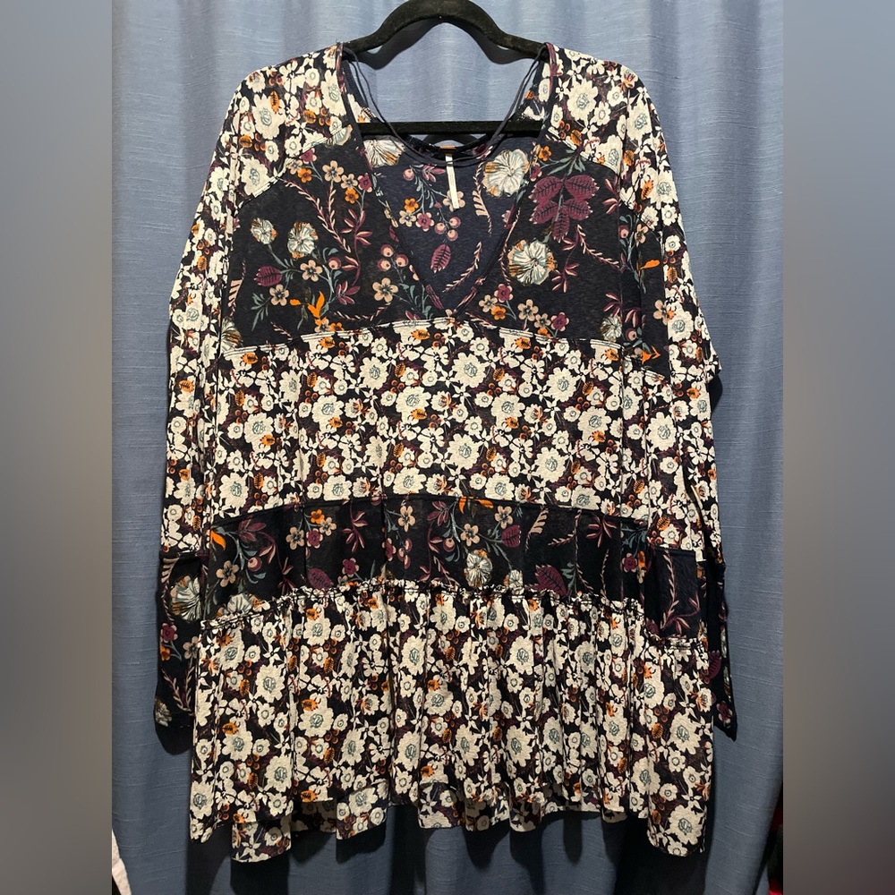 Free People Navy Floral Long Sleeve Dress